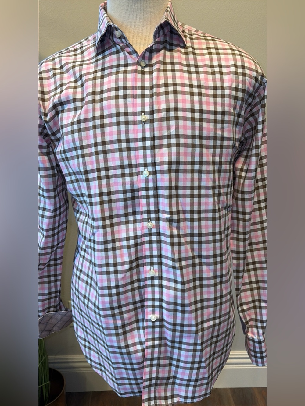 Jack Stone by Thomas Dean Men’ Plaid Button-Up Down in Pink and Brown - Large